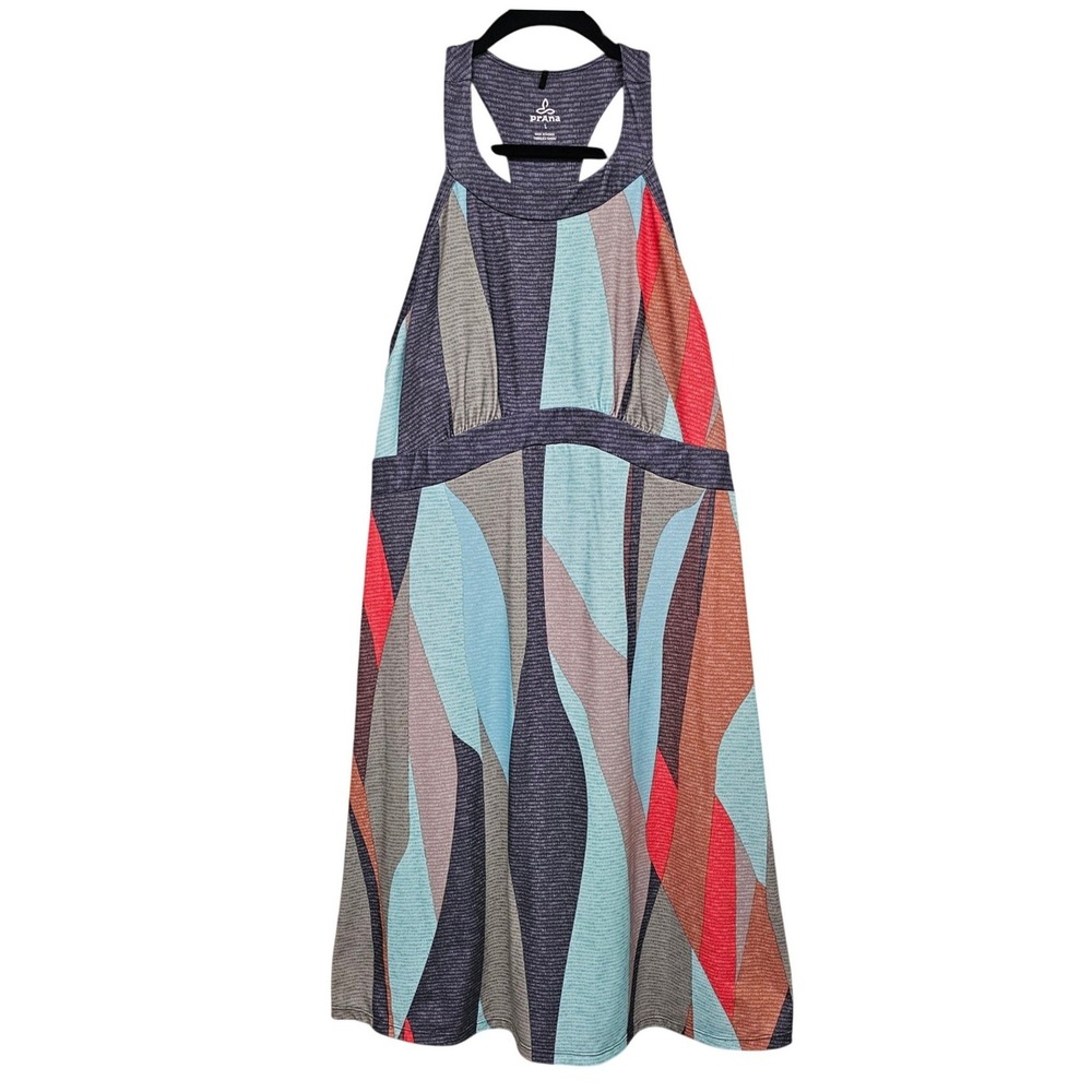 Prana Quinn Dress Large Multicolor Abstract Halter Racerback Athleisure Casual
